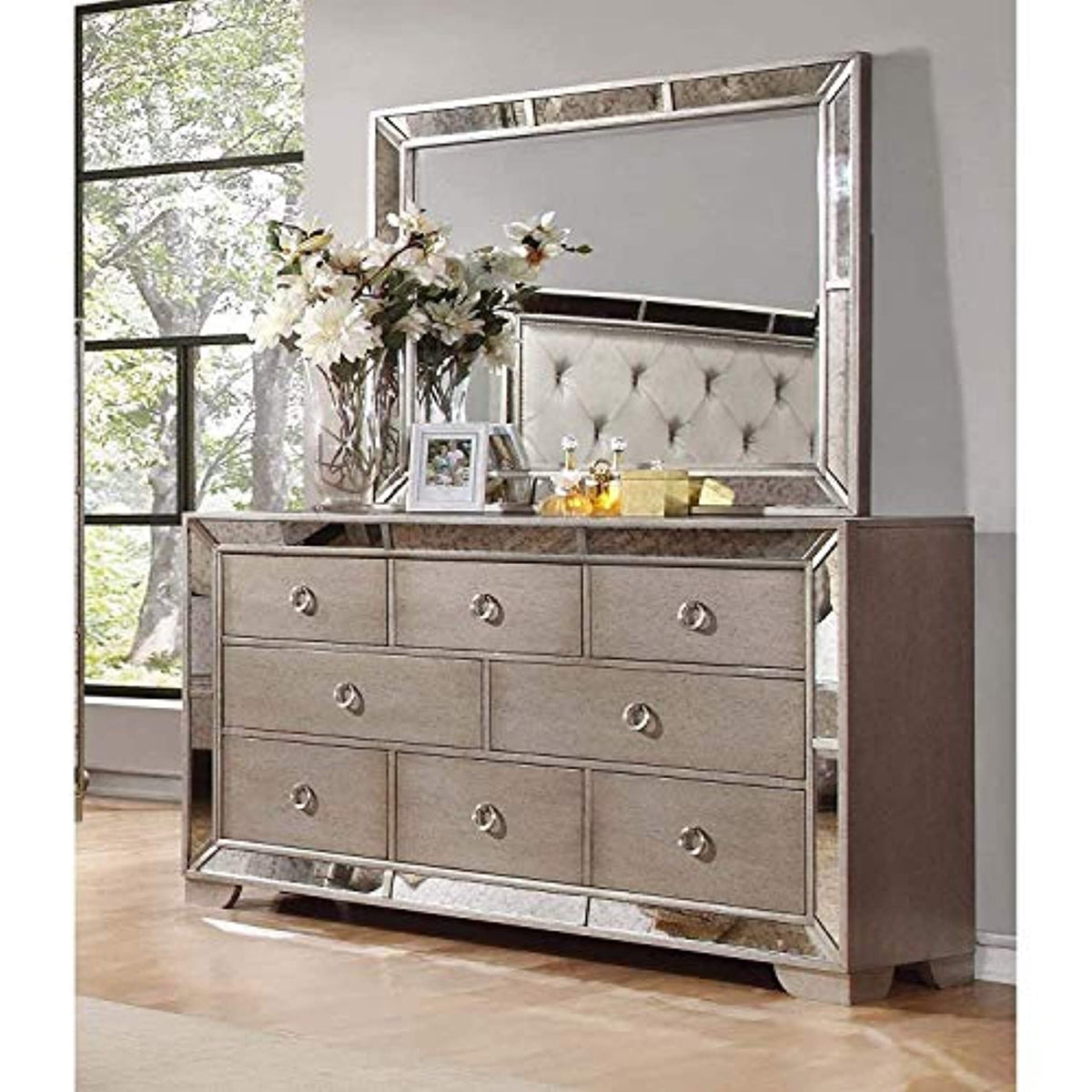 EVA Mirrored 6 Pcs Bedroom Set with 5 Drawer Chest, King, Silver/Bronz