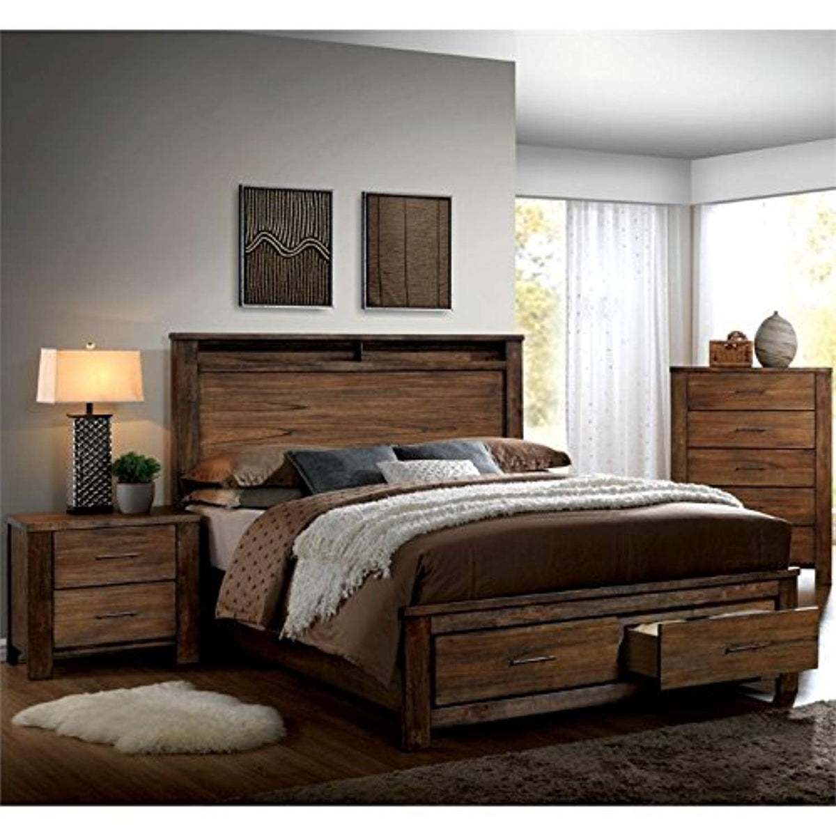 Rustic 3 Piece Queen Bedroom Set in Oak