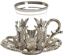 Load image into Gallery viewer, Set of 6 Turkish Style Tea Glasses with Brass Holder Saucer and Spoons Set Silver Plated 24 Pieces - EK CHIC HOME