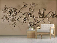 Load image into Gallery viewer, 3D Embossed Floral Wallpaper Cement Blossom Sculpture Bird Wall Art Minimalist - EK CHIC HOME