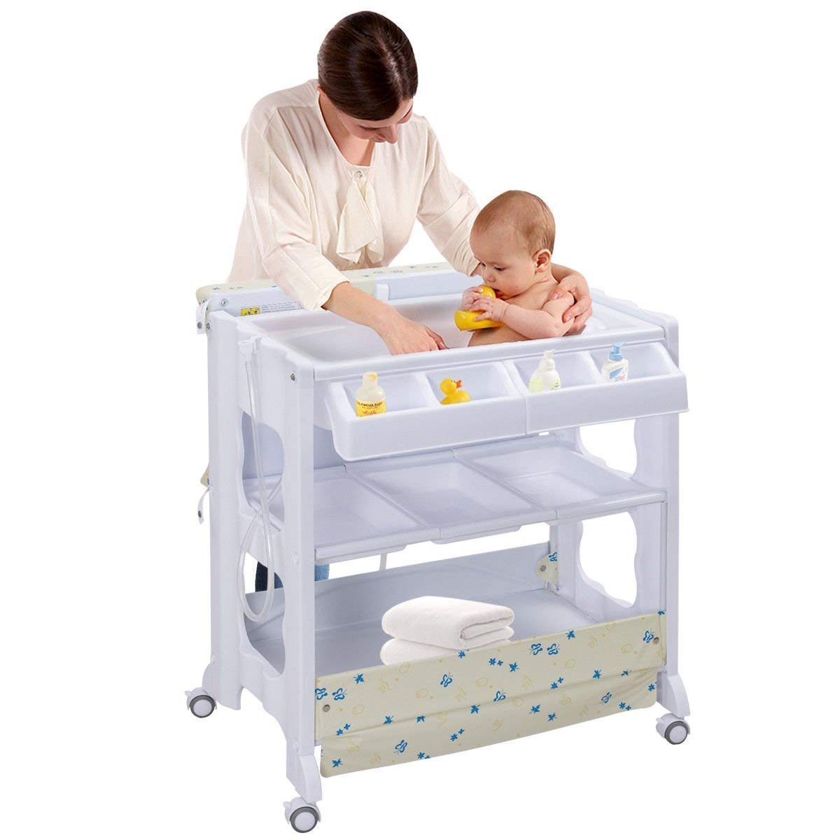 Baby Bath and Changing Table, Diaper Organizer for Infant with Tube &