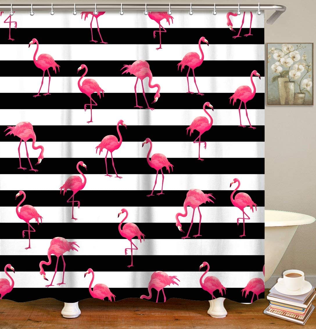 Flamingo Shower Curtains, Black and White Striped with Hooks