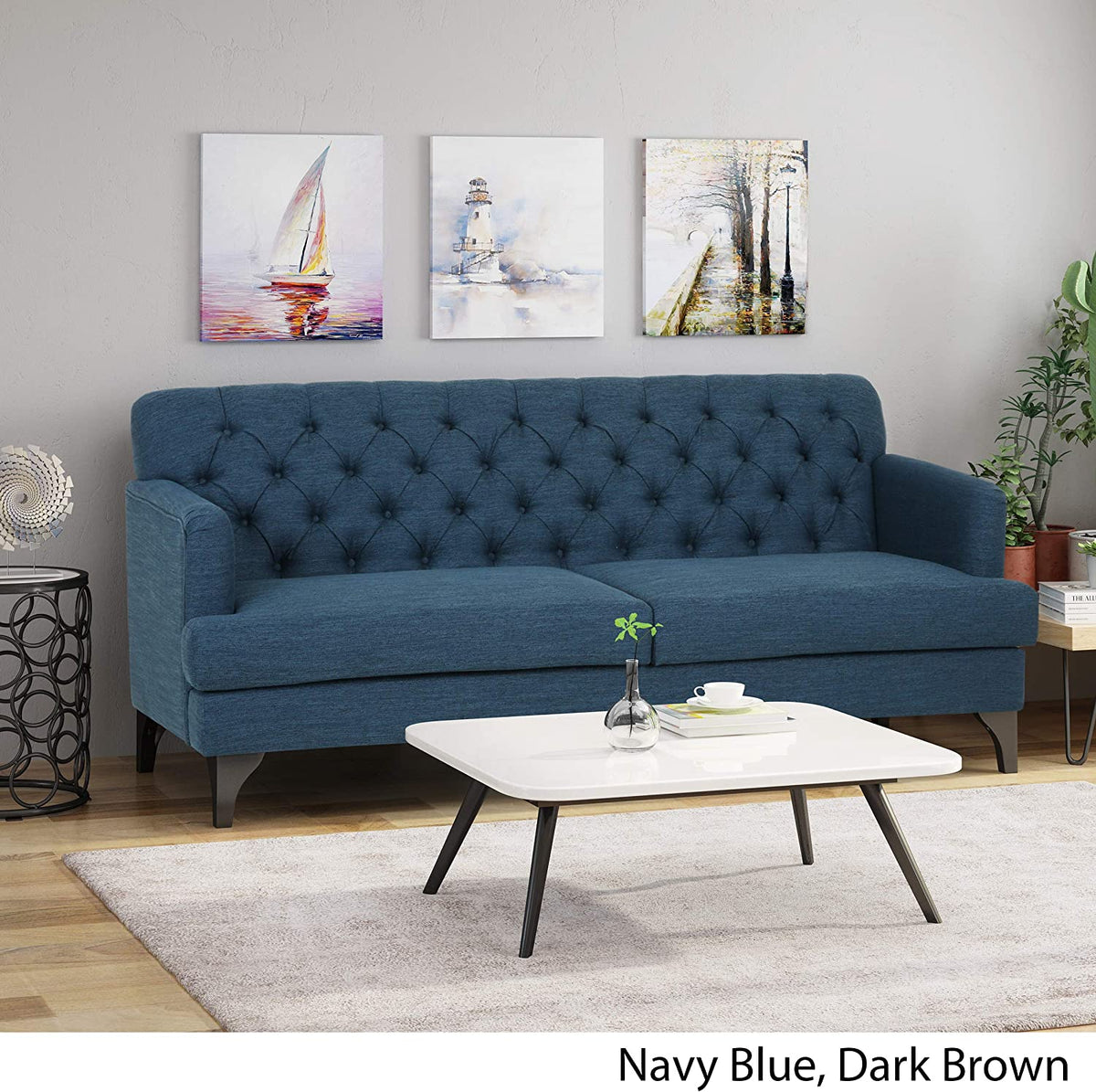 Contemporary Tufted Fabric 3 Seater Sofa, Navy Blue