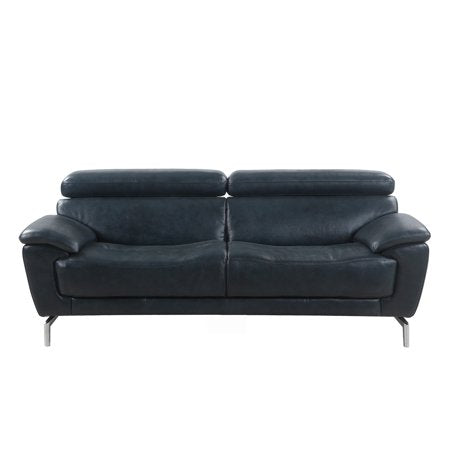 Mid Century Top Grain Italian Leather Sofa In Polo Blue - EK CHIC HOME
