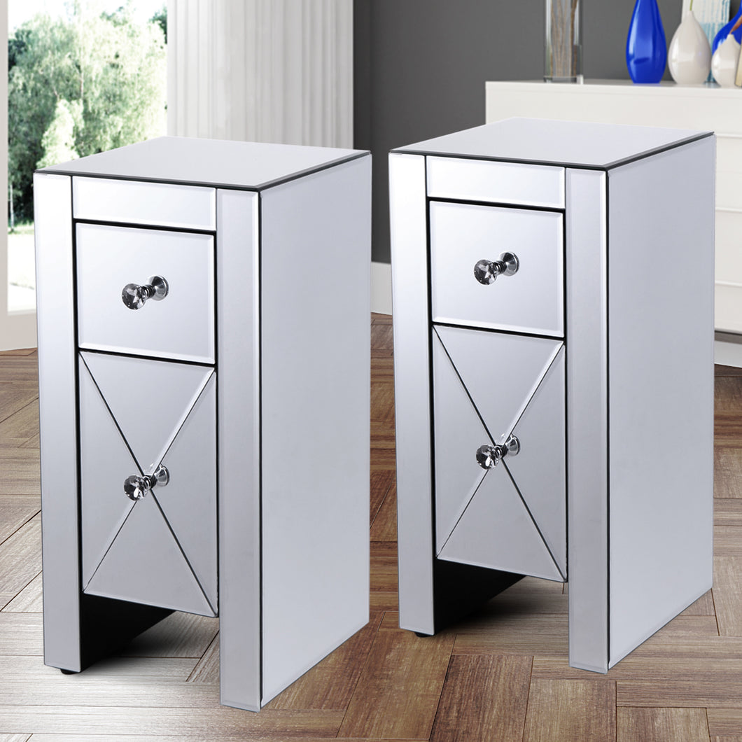 Set of 2 Mirrored Nightstand 2 Drawer Crystal Accent Silver Side Table - EK CHIC HOME