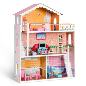 Wooden Dollhouse with 2 Stairs, Balcony and 15 Accessories - EK CHIC HOME