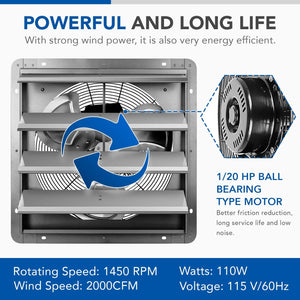 iPower 18 Inch Shutter Exhaust Fan Aluminum, High Speed 1450 RPM, 2000 CFM - EK CHIC HOME