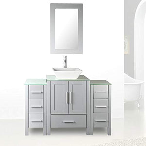 48" Bathroom Vanity Glass Top Single Sink Grey Paint w/Mirror Faucet and Drain set - EK CHIC HOME