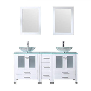 60” White Bathroom Double Wood Vanity Cabinet with Mirrors Round Tempered Glass Vessel Sink Combo Chrome Faucet Pop-up Drain - EK CHIC HOME