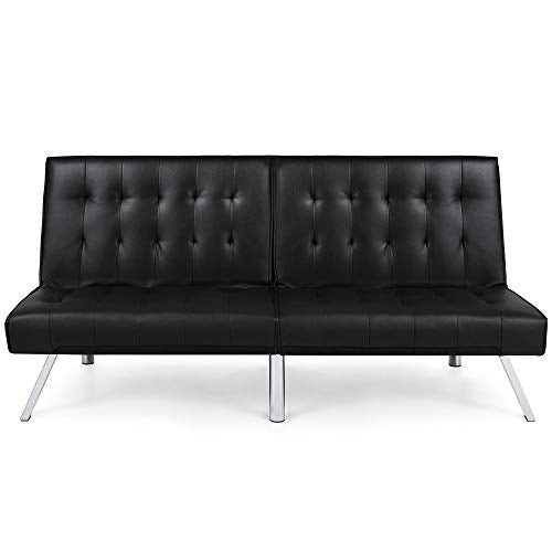 Modern Leather Reclining Futon Sofa Bed w/Chrome Legs - Black - EK CHIC HOME