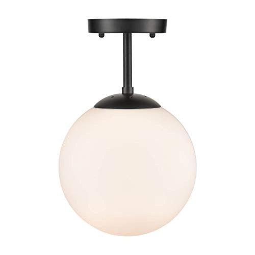 Globe Semi Flush Mount Ceiling Light, Frost White Glass with Black Finish, Contemporary Mid Century Modern Style - EK CHIC HOME