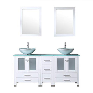 60” White Bathroom Double Wood Vanity Cabinet with Mirrors Round Tempered Glass Vessel Sink Combo Chrome Faucet Pop-up Drain - EK CHIC HOME