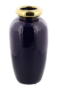 Deco Glazed Blue Ceramic Urn Vase, 10" x 6", Gold - EK CHIC HOME