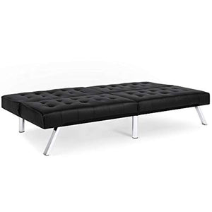 Modern Leather Reclining Futon Sofa Bed w/Chrome Legs - Black - EK CHIC HOME