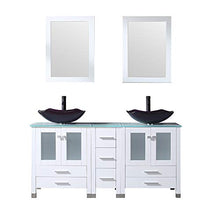 Load image into Gallery viewer, 60” White Bathroom Double Wood Vanity Cabinet with Mirrors Round Tempered Glass Vessel Sink Combo Chrome Faucet Pop-up Drain - EK CHIC HOME