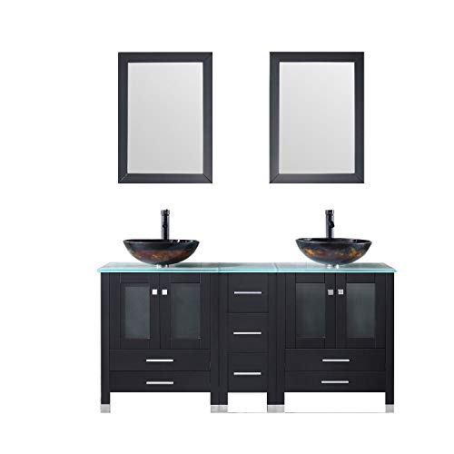 60” Bathroom Double Wood Vanities Cabinet with Mirrors Flower Purple Tempered Glass Vessel Sink Combo Oil Rubbed Bronze Faucet Pop-up Drain - EK CHIC HOME