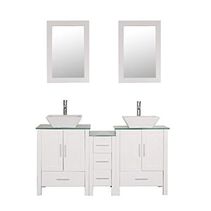 60" Bathroom Vanity Cabinet with Double Sink Combo Glass Top White MDF Wood w/Mirror Faucet Drain set - EK CHIC HOME