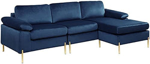 Modern Velvet Sectional Sofa in Blue/Gold Legs - EK CHIC HOME