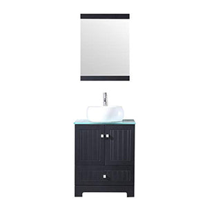 24" Black Bathroom Vanity Set Cabinet Top Round Ceramic Vessel Sink Faucet Combo with Mirror - EK CHIC HOME