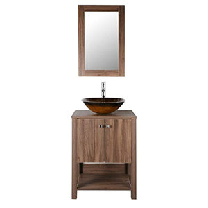 24" Brown Bathroom Vanity Glass Sink MDF Wood Cabinet w/Mirror,Faucet&Drain - EK CHIC HOME