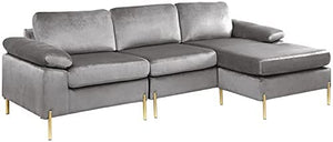 Modern Velvet Sectional Sofa in Gray/Gold Legs - EK CHIC HOME