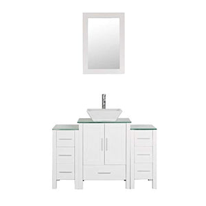 48" White Bathroom Vanity Glass Top Painted MDF Wood Cabinet Single Vessel Ceramic Sink w/Faucet&Mirror - EK CHIC HOME