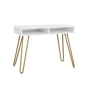Hairpin Writing Desk with 2 Spacious Open Storage Cubbies, White - EK CHIC HOME