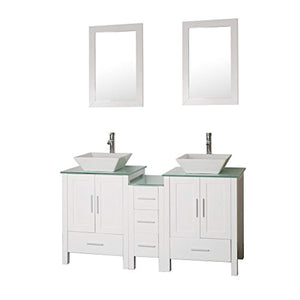 60" Bathroom Vanity Cabinet with Double Sink Combo Glass Top White MDF Wood w/Mirror Faucet Drain set - EK CHIC HOME