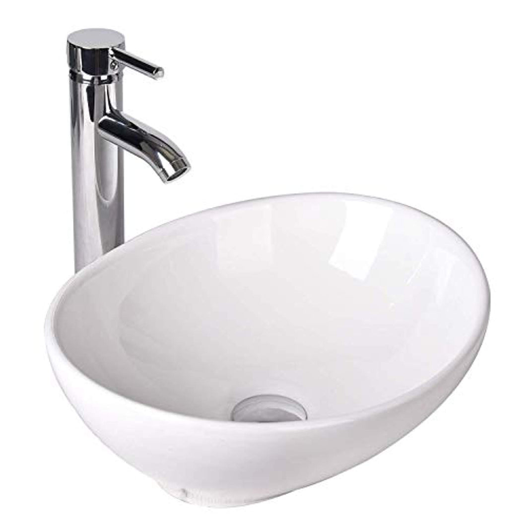 Oval Ceramics Vessel Sink and Faucet Combo White - EK CHIC HOME