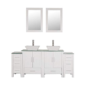 Homecart 72" Double Sink Bathroom Vanity Cabinet Combo Glass Top White Wood w/ 2 Basin Faucets Mirrors and Drains - EK CHIC HOME
