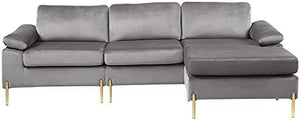 Modern Velvet Sectional Sofa in Gray/Gold Legs - EK CHIC HOME