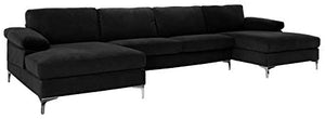 Large Velvet Fabric U-Shape Sectional Sofa, Black - EK CHIC HOME