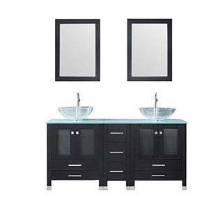 60” Bathroom Double Wood Vanities Cabinet with Mirrors Flower Purple Tempered Glass Vessel Sink Combo Oil Rubbed Bronze Faucet Pop-up Drain - EK CHIC HOME