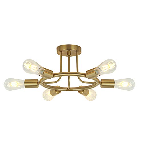 6 Lights Semi Flush Mount Ceiling Light Brushed Brass Mid Century Modern Chandelier - EK CHIC HOME