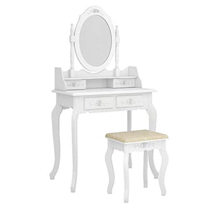 Vanity Table Set and Cushioned Stool with 4 Drawers & 360° Rotation - EK CHIC HOME