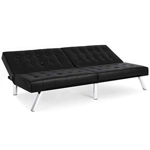 Modern Leather Reclining Futon Sofa Bed w/Chrome Legs - Black - EK CHIC HOME
