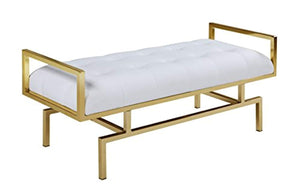 Leather Modern Contemporary Tufted Seating Goldtone Metal Leg Bench, White - EK CHIC HOME