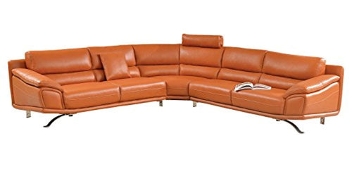 Modern Sectional Sofa in Orange Italian Leather with Headrest and Contemproary Design - EK CHIC HOME