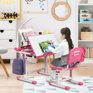 Height Adjustable Kids Desk Chair Set w/Lamp & Bookstand Pink - EK CHIC HOME