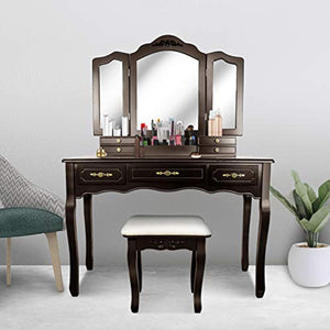 Vanity Beauty Station,Large 7 Drawers Makeup Dress Table with Cushioned Stool Set - EK CHIC HOME