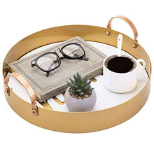 Load image into Gallery viewer, 13 Inch Home White &amp; Vintage Brass Tone Metal Tray with Handles - EK CHIC HOME