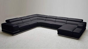 TOP GRAIN Black Leather Sectional Sofa with Adjustable Headrests - Right Chaise - EK CHIC HOME