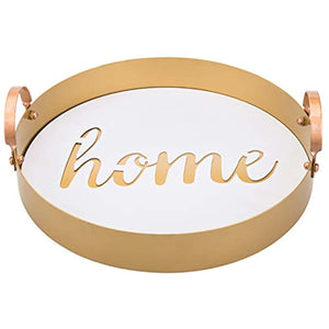 13 Inch Home White & Vintage Brass Tone Metal Tray with Handles - EK CHIC HOME