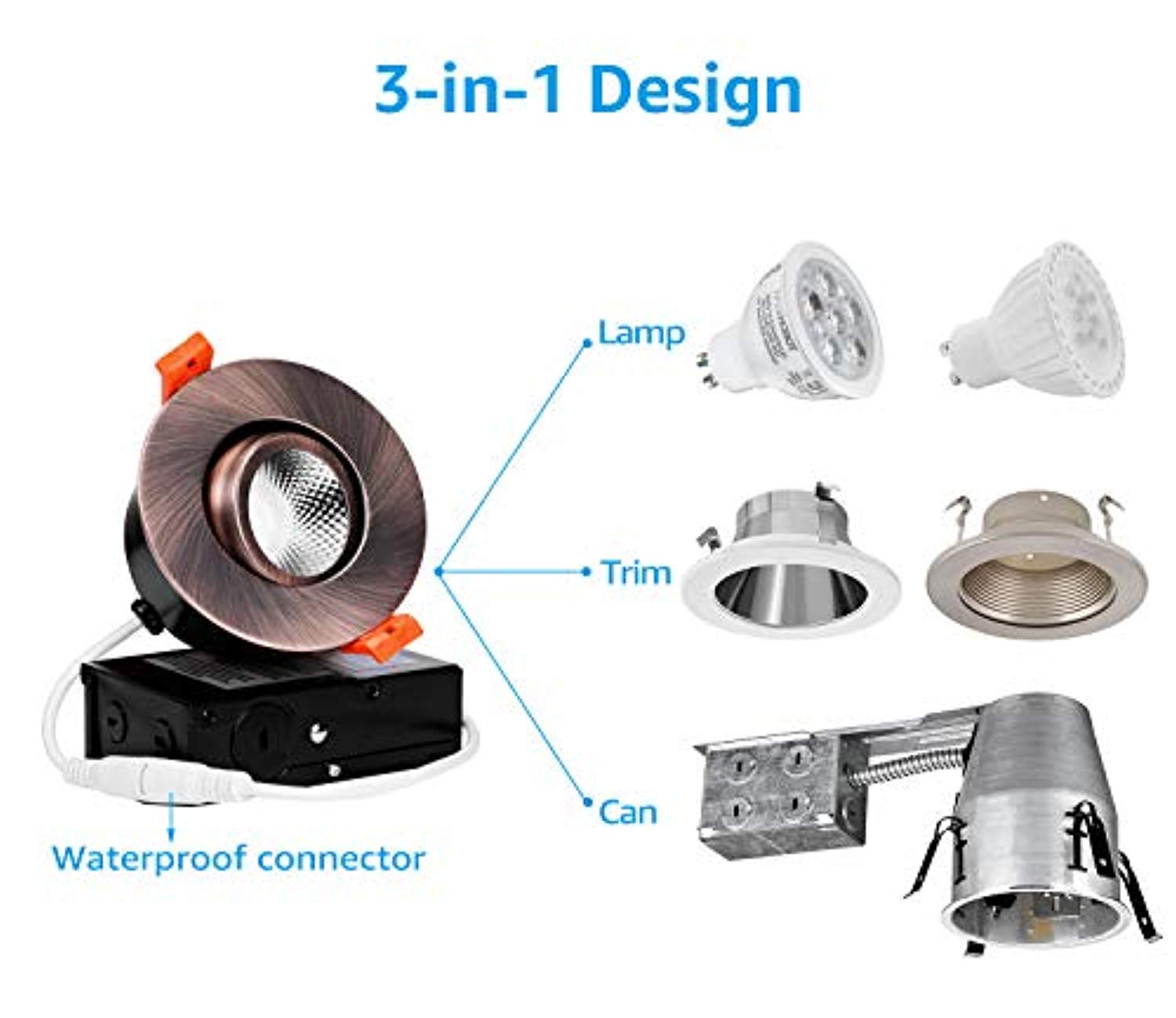 3 Inch LED Dimmable Recessed Light with J-Box-Pack of 6