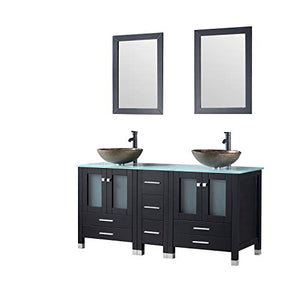 60” Bathroom Double Wood Vanities Cabinet with Mirrors Flower Purple Tempered Glass Vessel Sink Combo Oil Rubbed Bronze Faucet Pop-up Drain - EK CHIC HOME