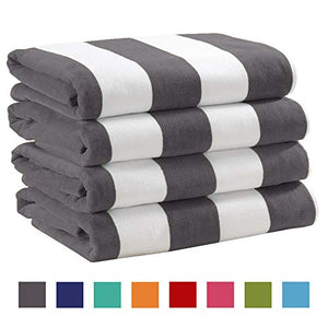 4 Pack Plush Velour 100% Cotton Beach Towels. Cabana Stripe - EK CHIC HOME