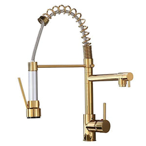 Luxury Single Hole Pull Out Spring Sprayer Dual Spout Kitchen Faucet Solid Brass - EK CHIC HOME