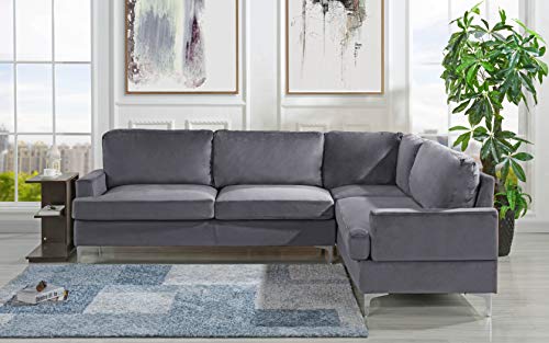 Velvet Sectional Sofa,  L-Shape Couch (Grey) - EK CHIC HOME