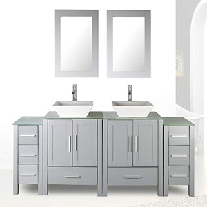 72" Double Sink Grey Bathroom Vanity Modern Design Glass Top w/Mirror Faucet&Drain - EK CHIC HOME