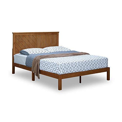 Wood Platform Bed Deluxe Unique Style Design with Headboard, Rustic Pine Finish - EK CHIC HOME